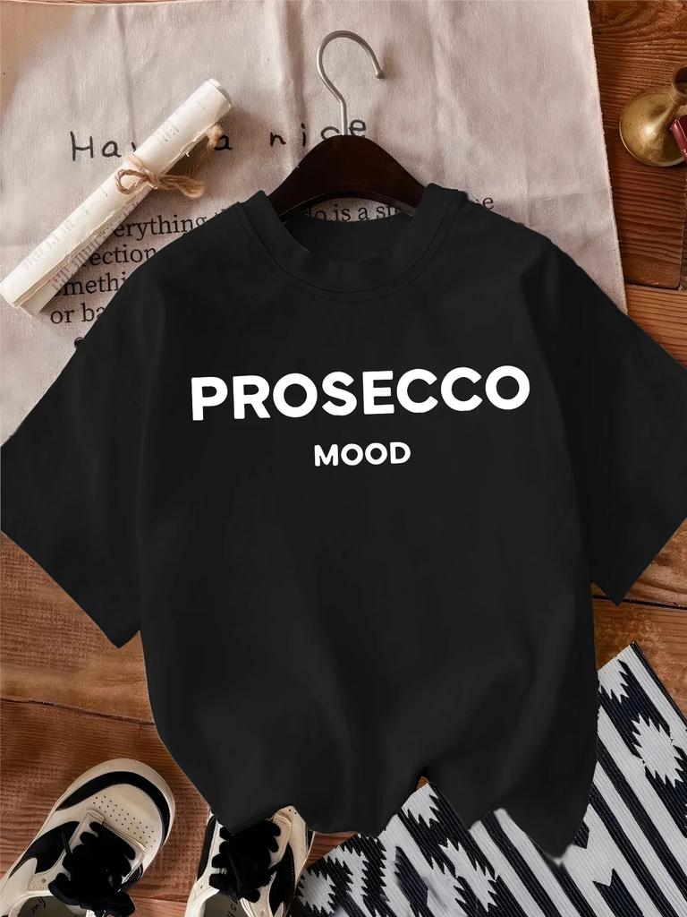 PROSECCO NASTRÓJ Nadruk Casualowy T-shirt z krótkim rękawem i okrągłym dekoltem Poliester Odzież damska Wzór z alfabetami Regularna długość