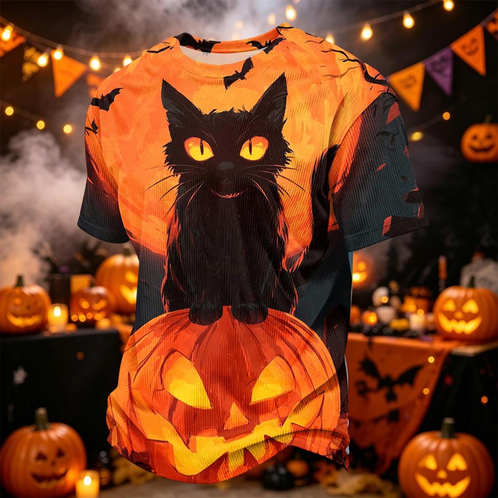 Men's Casual Corduroy Short Sleeve Lightweight Breathable Round Neck Shirt Halloween Print Design Suitable for Everyday Wear