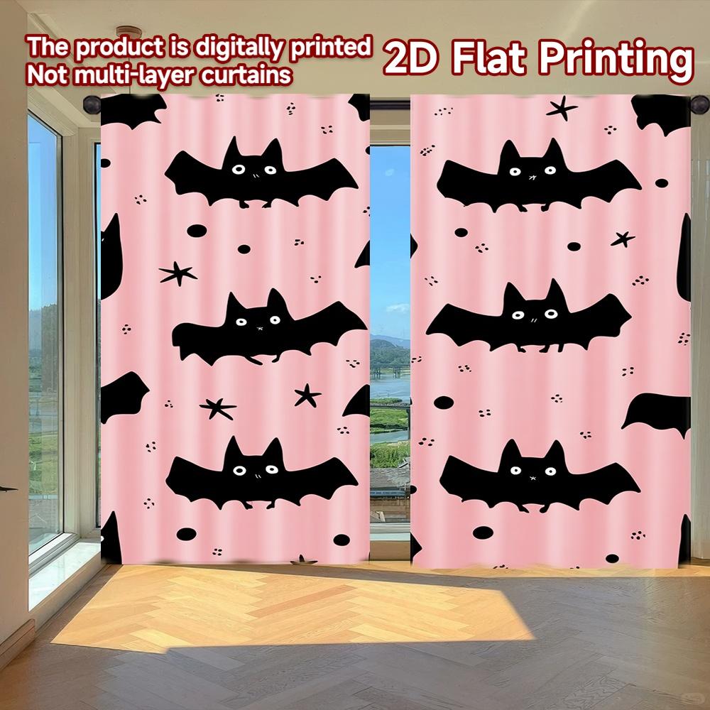 

Modern Flat Printing Curtains Without Rod Halloween Bat Pattern Fashionable Curtainments During Ramadan Holiday Set Of 2 Made Polyester W100*H70(CM)-Rod Pocket&2PCS