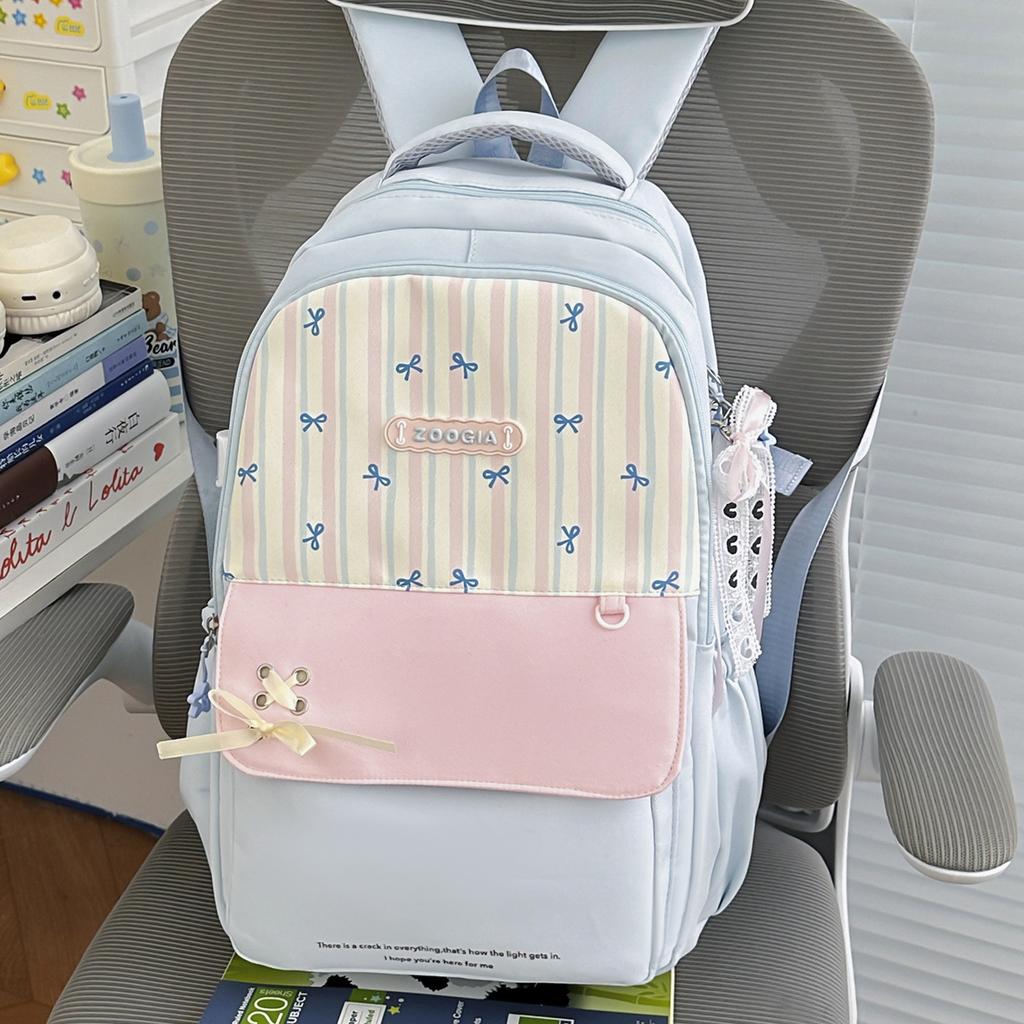 Schoolbag Fresh Striped Bow Backpack Middle School Student Class School Bag Women's Large Capacity Versatile Commuter Backpack
