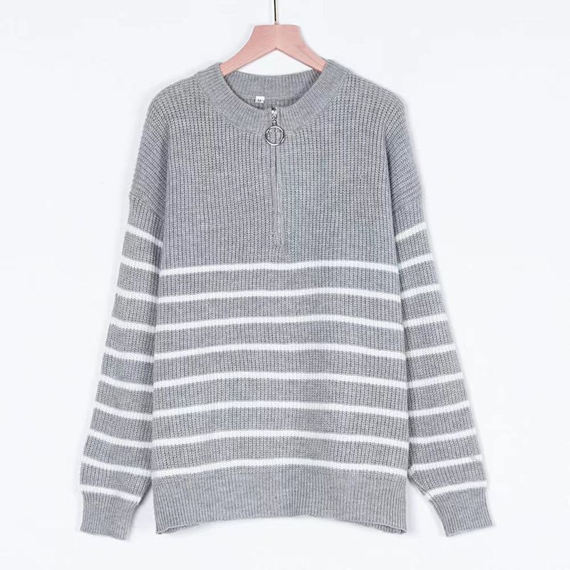 

Fashion Style Stripes Color Matching Sweater Zipper Knitwear Striped Zipper Knitted Sweater Gray M