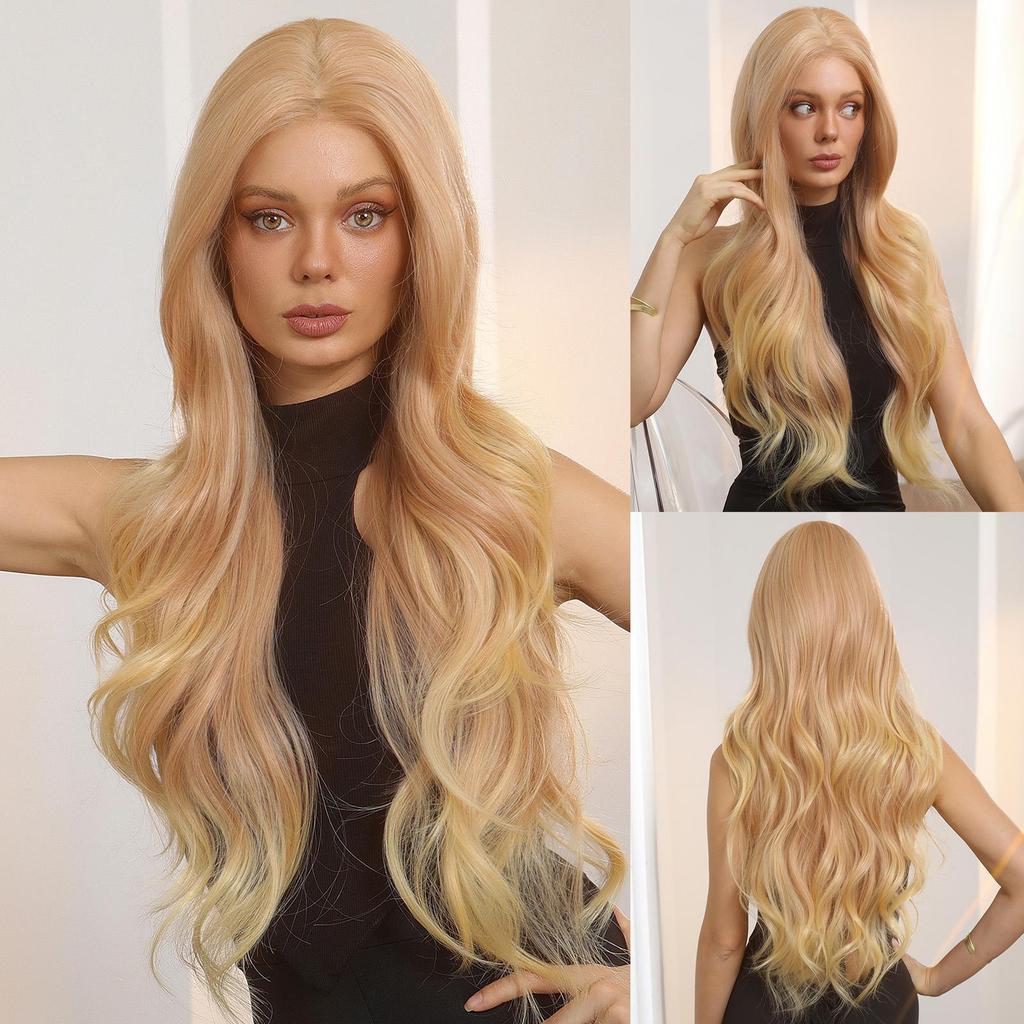 ALAN EATON 13*6 Lace Front Perücken Hellgoldblond Ombre Synthetische Lange Wellige Perücken für Frauen Täglich Cosplay Hohe Dichte Haar