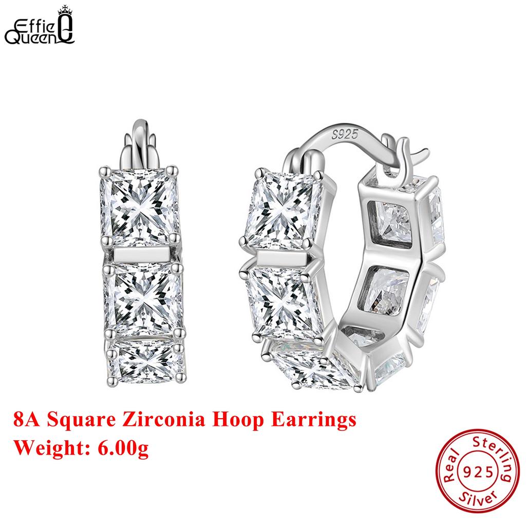 Effie Queen Echte 925 Silber 8A Eckiger Zirkonia Creolen Luxus Schmuck für Damen Hochzeitsfeier Ohr Accessoire Geschenk LZE15