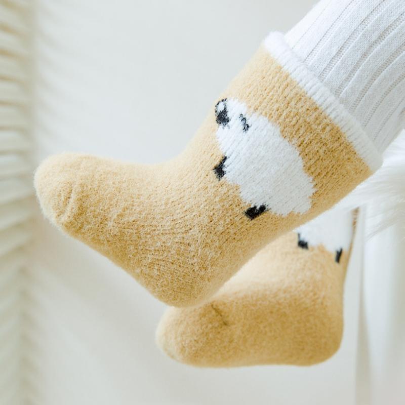 Baby Plush Socks Cartoon Solid Color Newborn Girls Boys Mid Tube Socks Warm Non-slip Floor Sleeping Sock Autumn Winter