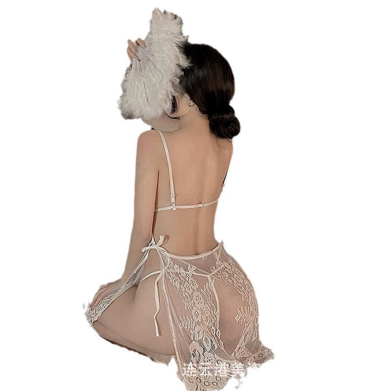 Sexy Pajamas Summer Ice Silk High-end Thin Small Chest Lace Suspender Nightdress Set Slightly Transparent Qqny Pure Lust