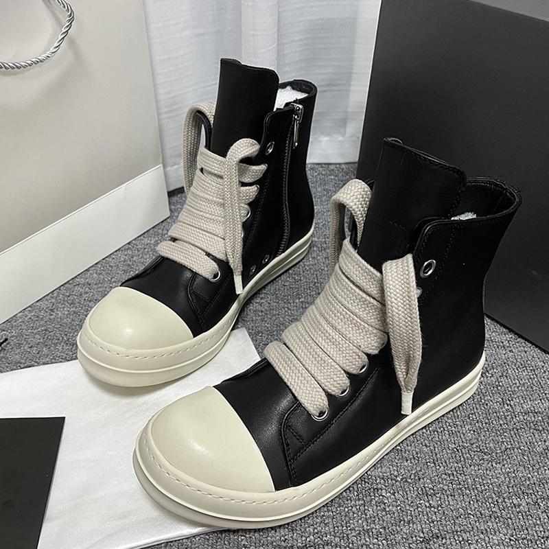High Top Genuine Leather Men and Women's Casual Shoes Round Toe Side Zippers Ankle Boots Lace Up Unisex Counple Sneakers Shoes