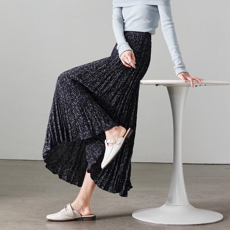 SOFSIL 2026 Spring Pleated Print A-Line Midi Skirt