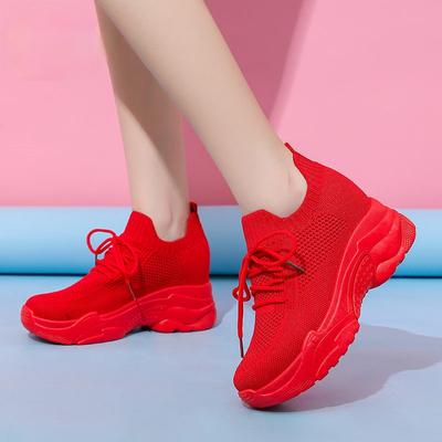 Damskor med kilklack, vita röda sneakers, utomhus, andningsbara, vardagliga meshskor, damskor för promenader, tennis, dam 2024