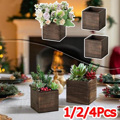 1/2/4PC Small Home Flower Box Table Pencil Holder Bohemian Wooden Planter Wedding Square Rustic Garden