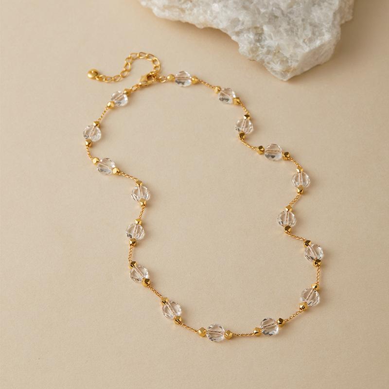 Gold Plated Faceted Clear Crystal Bead Chain Necklace With Extension белый