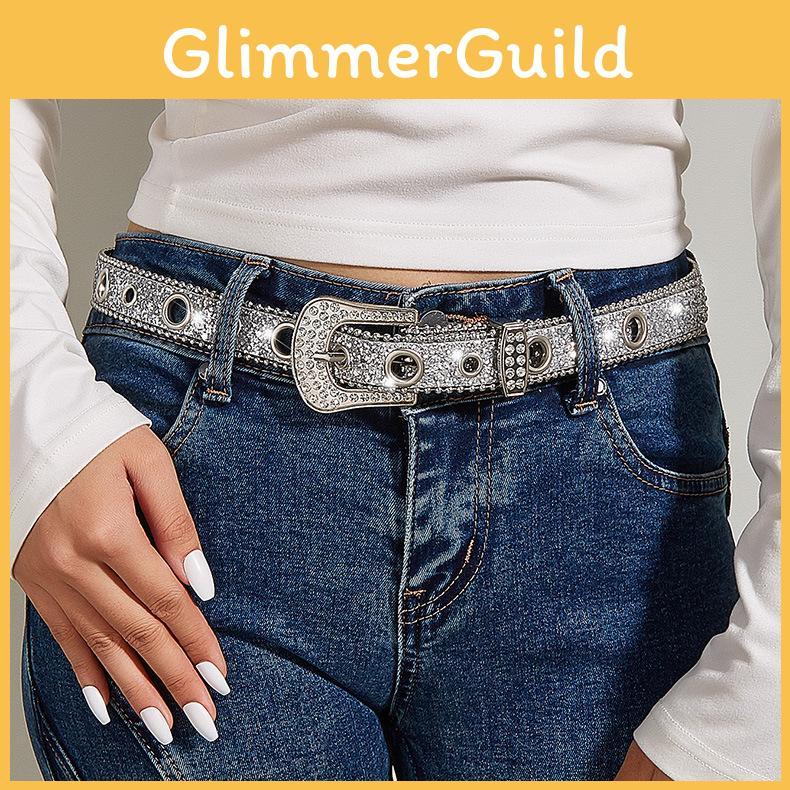 Ins Style Sparkle Decorated Womens Pu Belt With Alloy Closure For Trendy Jeans And Pants