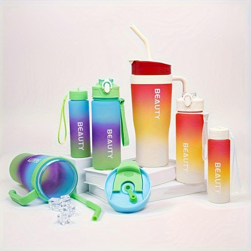 3ks Ledový pohár, Matná slámka s gradientním zbarvením, Plastový kelímek na vodu s dvojitým pitím, Velkokapacitní kelímek do auta s uchem