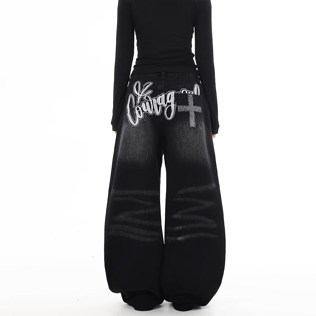 Jeans Larghi Unisex a Vita Media Deostrutturati Vestibilità Larga Vintage Americano Lavato Baggy in Denim Pantaloni Rilassati Lunghi Fino a Terra