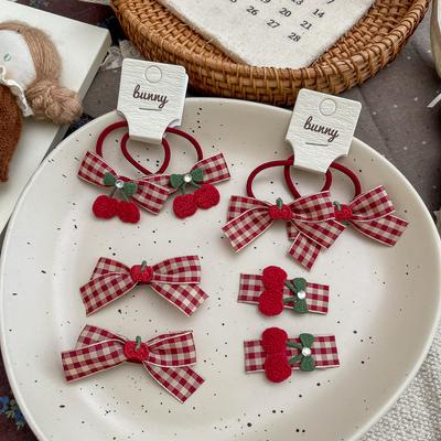 2pcs Red Plaid Bow Cherry Apple Children's Hairpin Cute Girl Elastic Hair Band Hair Rope Tie BB Clip Sweet Baby Hair Accessories