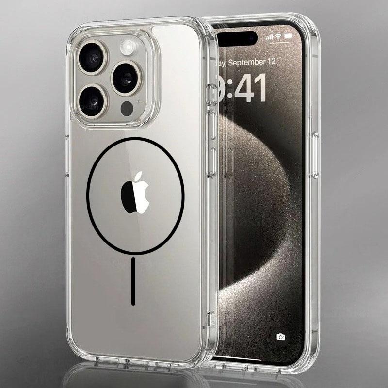 Luxury Fine For Magsafe Magnetic Wireless Charge Case for iPhone 16 15 14 Pro Max 13 12 Mini 11 16e Plus Transparent Back Cover