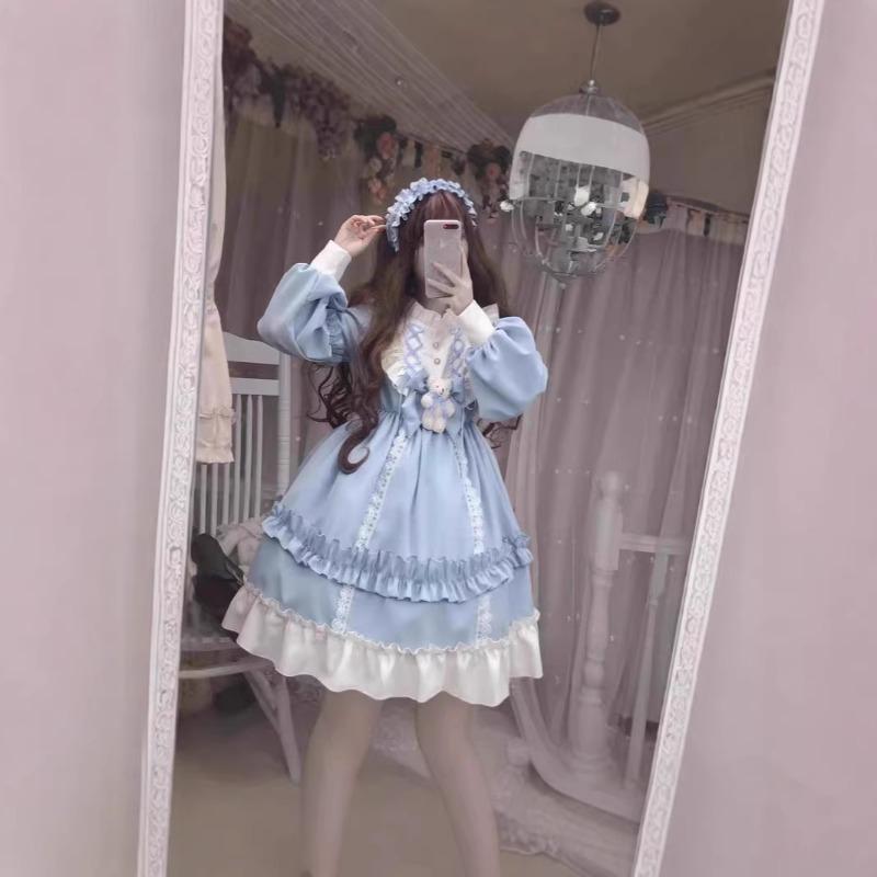 Adult Girl New Cute Sweet Student Long Sleeve Lolita Dress Performance Party Performance Dress