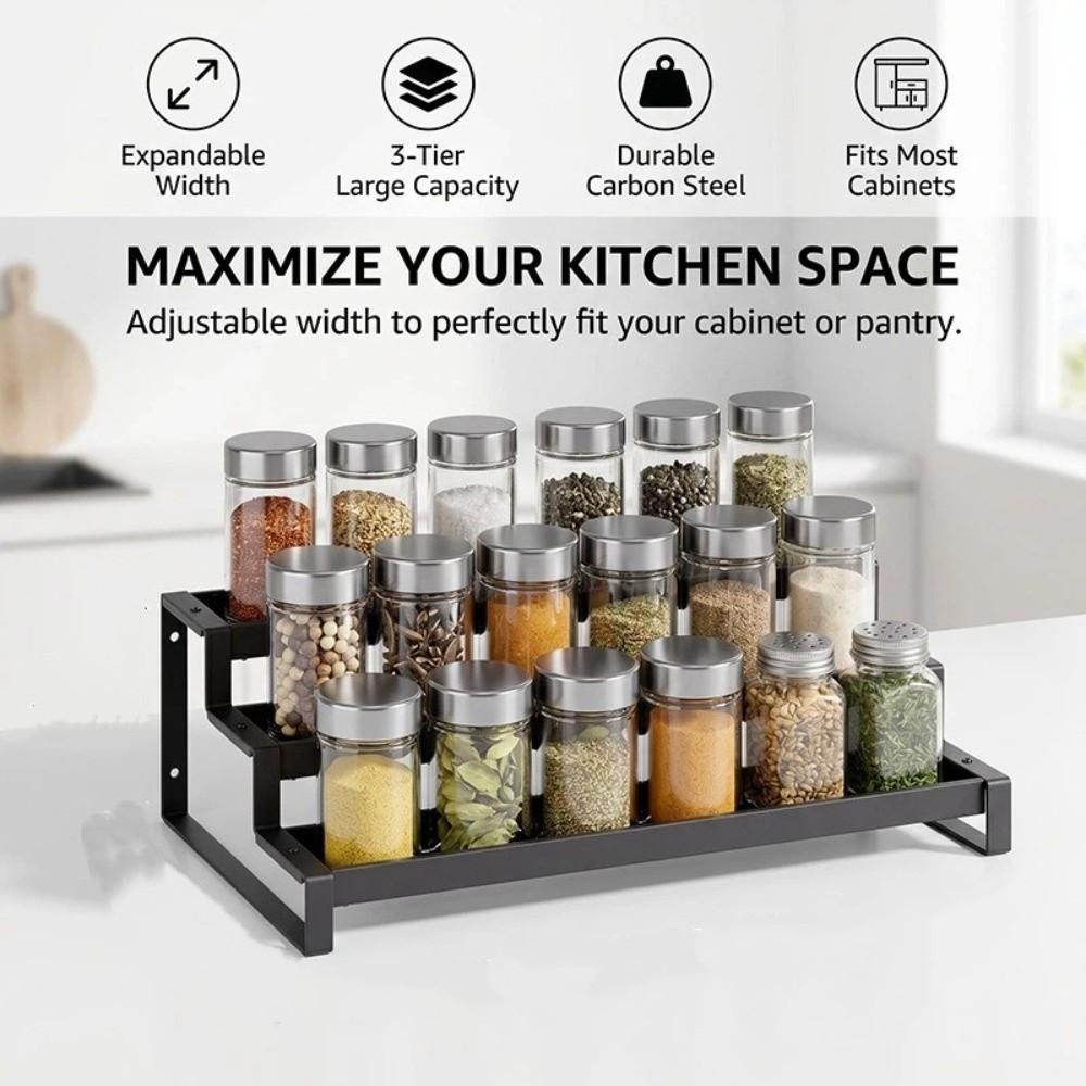 3-Tier Retractable Spice Jars Rack Slip-Resistant Carbon Steel Metal Display Rack Telescopic Adjustable Expandable Storage Shelf