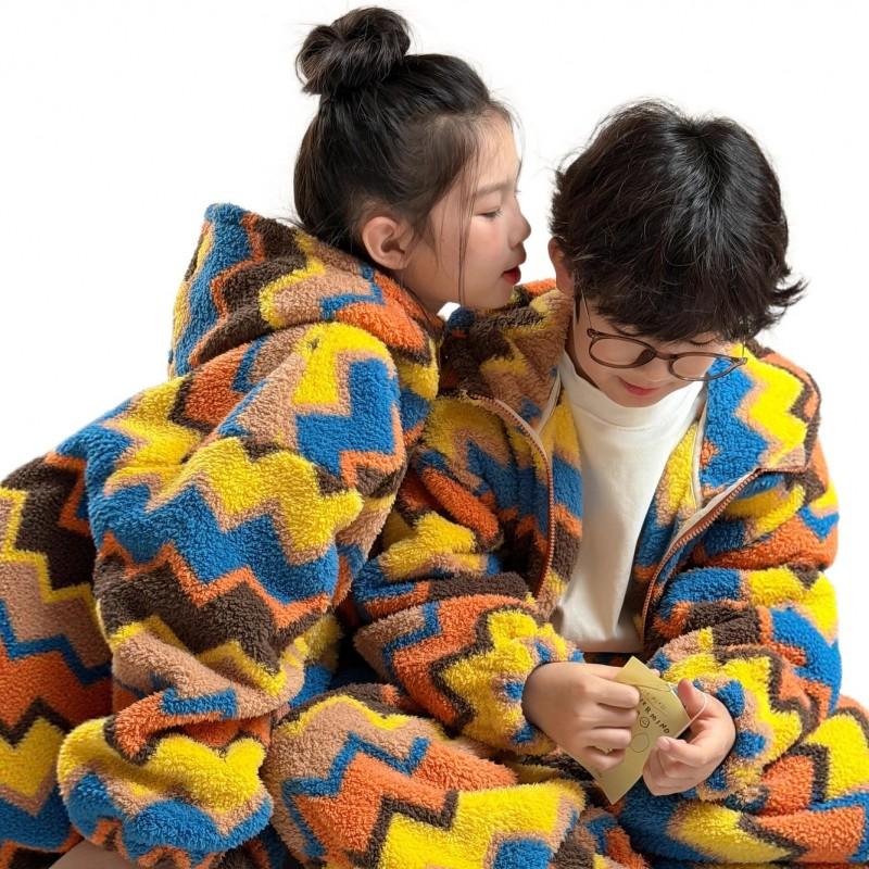 Kids Cute Striped Hooded Pajamas Set Winter Warm Loungewear Boys Girls