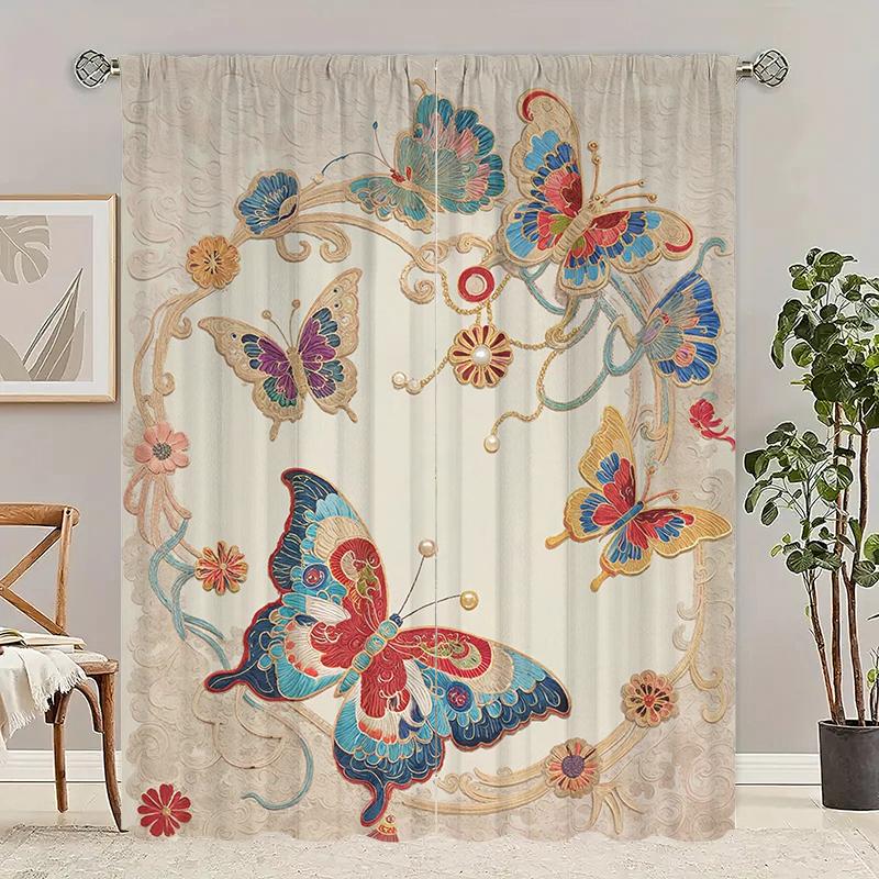 

2pcs- Chinese-style butterfly polyester curtains, pole bag curtains, bedroom and living room, home room, party decoration 29Wx64L(75x166CM)x2