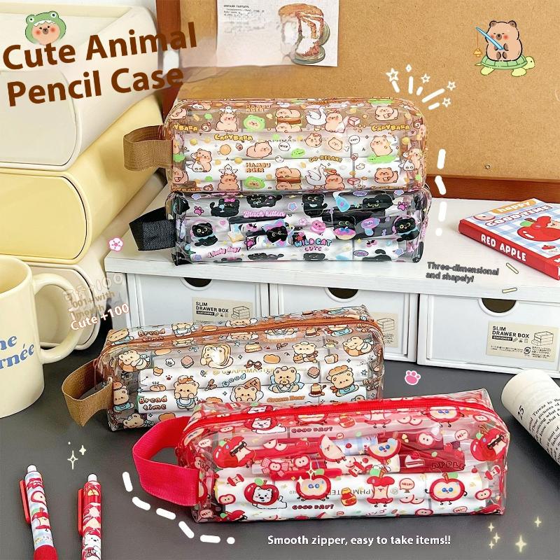 Cute Cartoon Capybara Bear Pvc Pen Bag Transparent Large Capacity Pencil Case Stationery Storage Bag Stationery Box Supplies