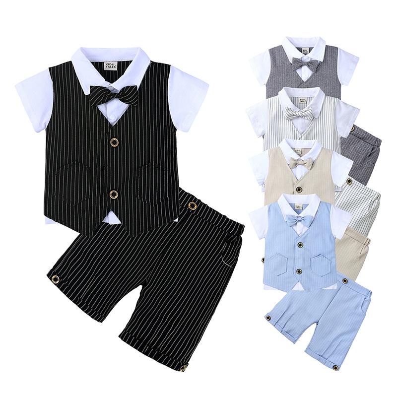 Boys' British Style Summer Suit: Short-Sleeve Cotton Shirt, Shorts & Bow Tie Two-Piece Set