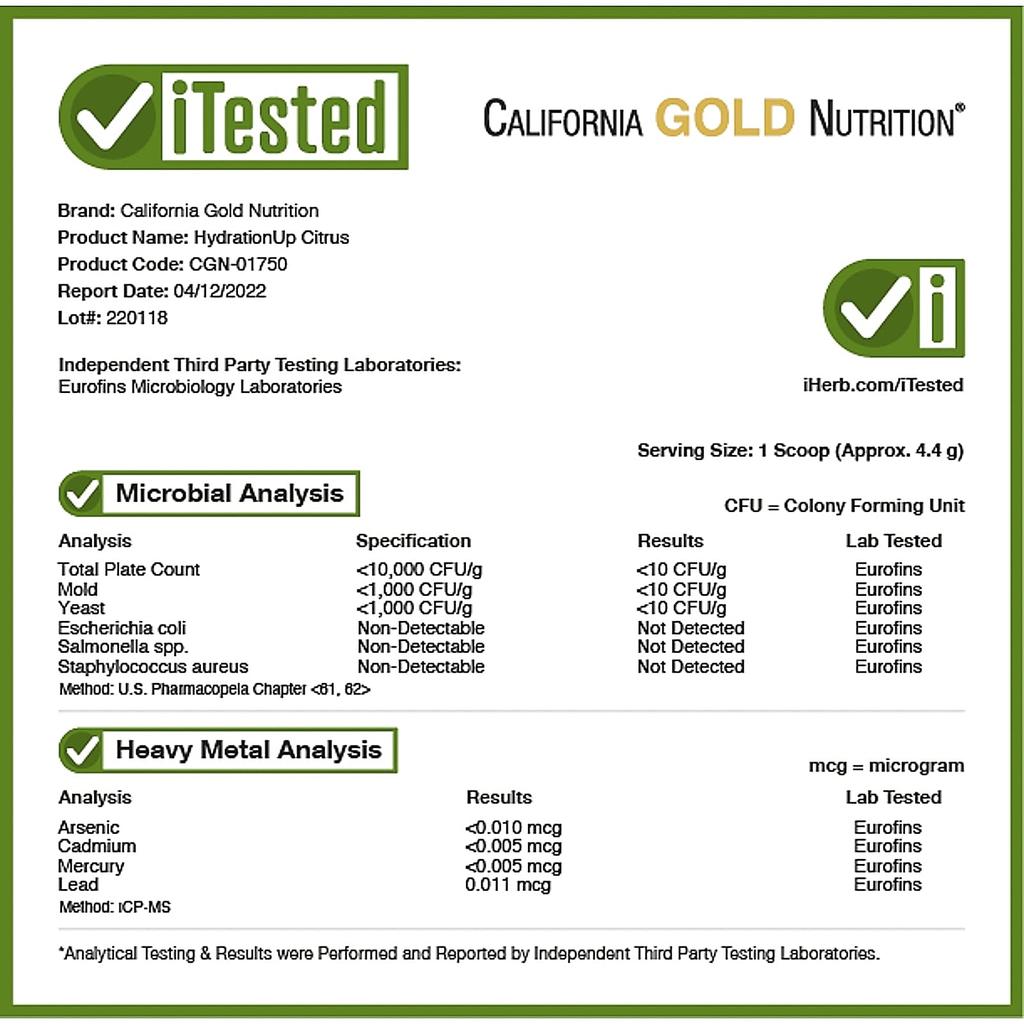 California Gold Nutrition HydrationUP®, Electrolyte Drink Mix, Citrus Flavor, 8 Oz (227 G)