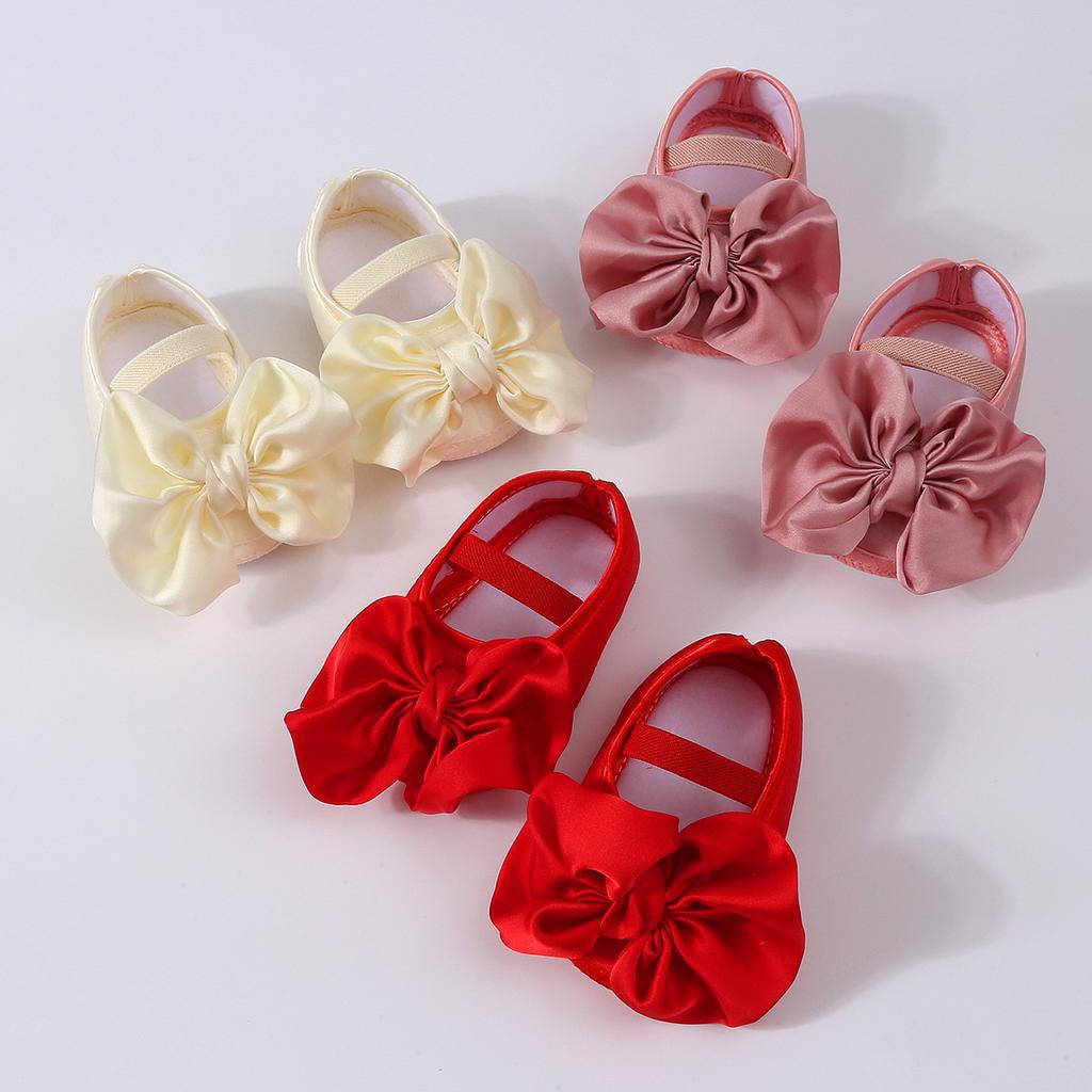 Girls Solid Color First Walkers Shoes & Big Bow Headband Set - Soft Sole Non-slip Toddler Shoes with Grip Dots