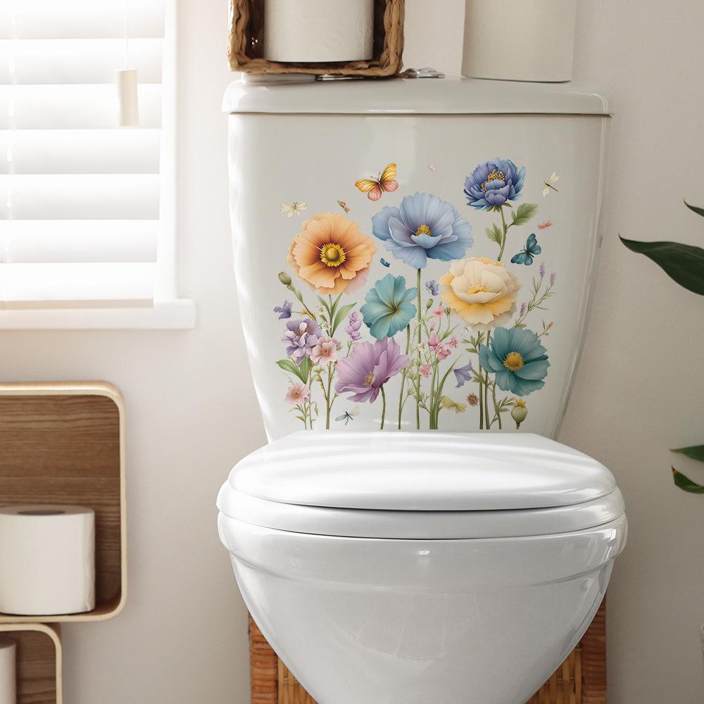 Fresh Cottage Style Floral and Butterfly Bathroom Wall Sticker Home Decor Removable Self-Adhesive Decal