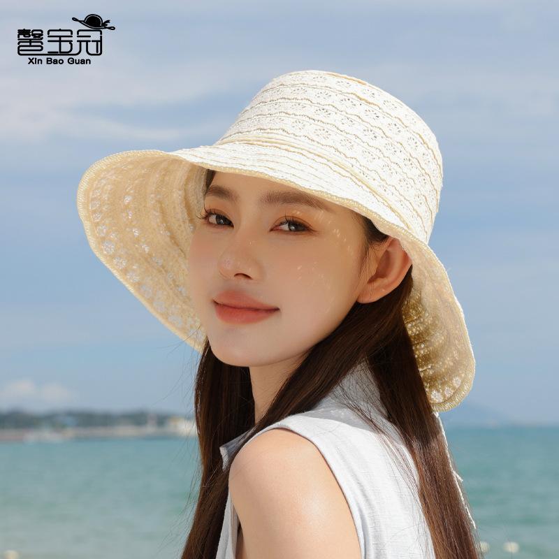 Summer hollow lace straw hat women's outdoor beach sunscreen hat design sun hat large brim sunshade bucket hat