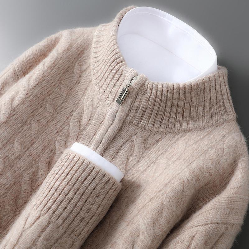 Men's Pure Wool Half-High Collar Cable Knit Zipper Sweater - Thick & Loose for Autumn/Winter