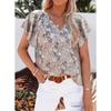 Women V Neck Printed Short Sleeve Loose Casual Pullover Blouse Top