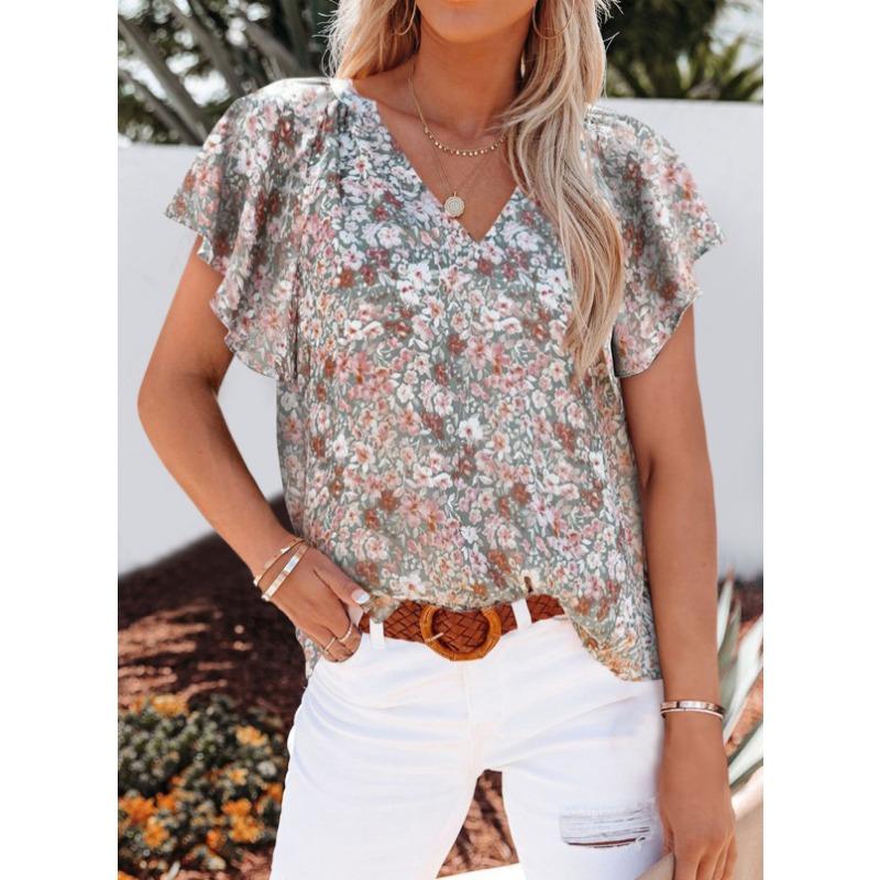 Women V Neck Printed Short Sleeve Loose Casual Pullover Blouse Top