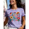 Mexican Colorful Floral Festival Letter Printed T-shirt, Women's Casual Short Sleeved Round Neck Top