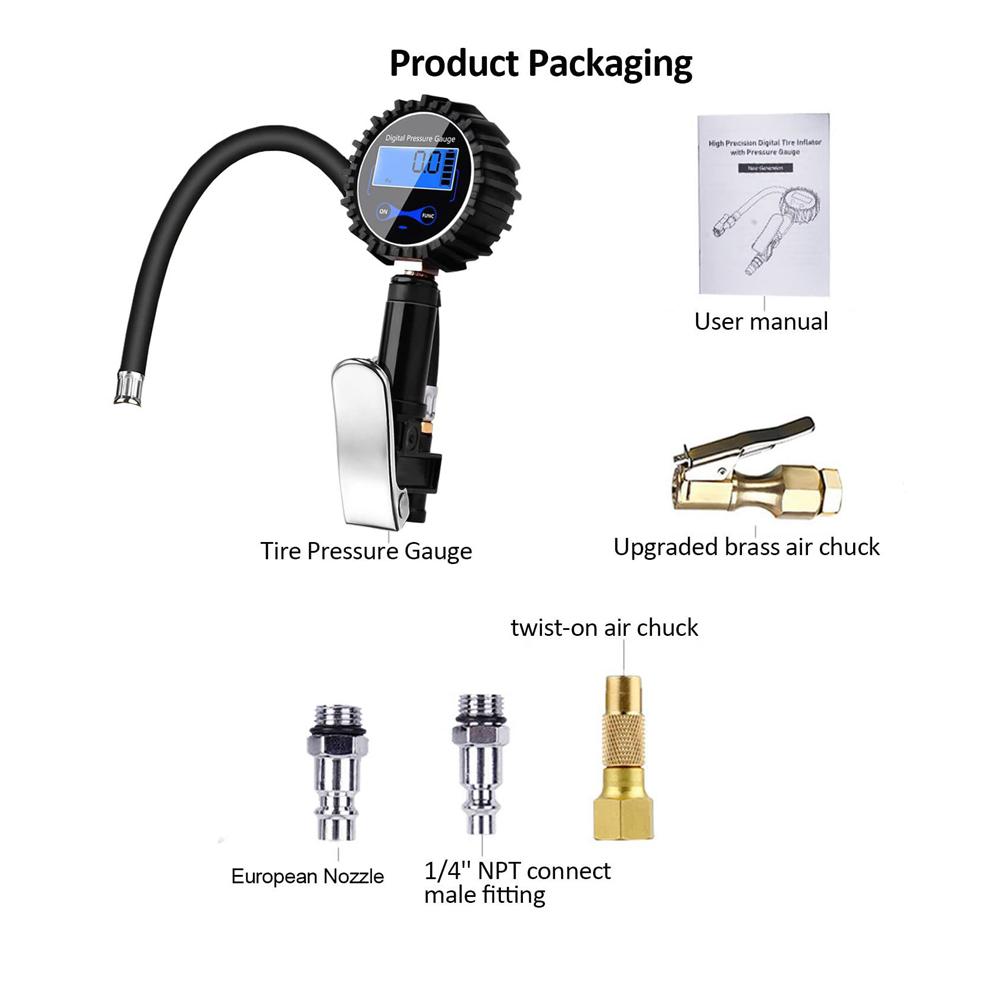 200PSI LCD Digital Car Tire Inflator with Pressure Gauge Air Chuck Tire Tester Pressure Gauge for Car Motorcycle Truck Bike