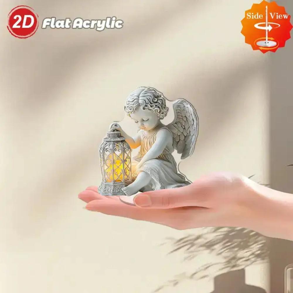 Elegante Angelo Rotante 2D in Acrilico con Lanterna, Base Stabile e Leggera Decorazione per Casa, Ufficio, Chiesa e Cimitero, Perfetto per Natale, Matrimoni