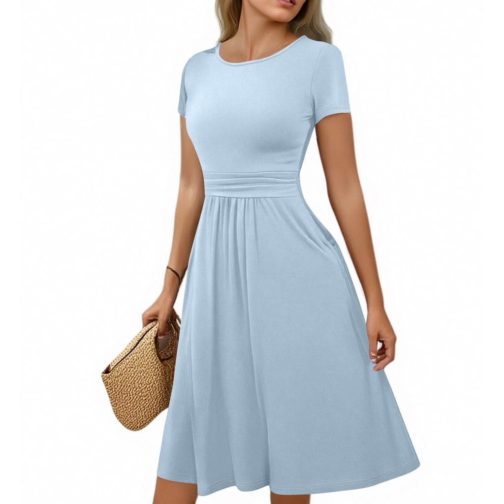 Women's Casual Fashion Round Neck Pleated Short Sleeve Solid Color A-Line Midi Dress