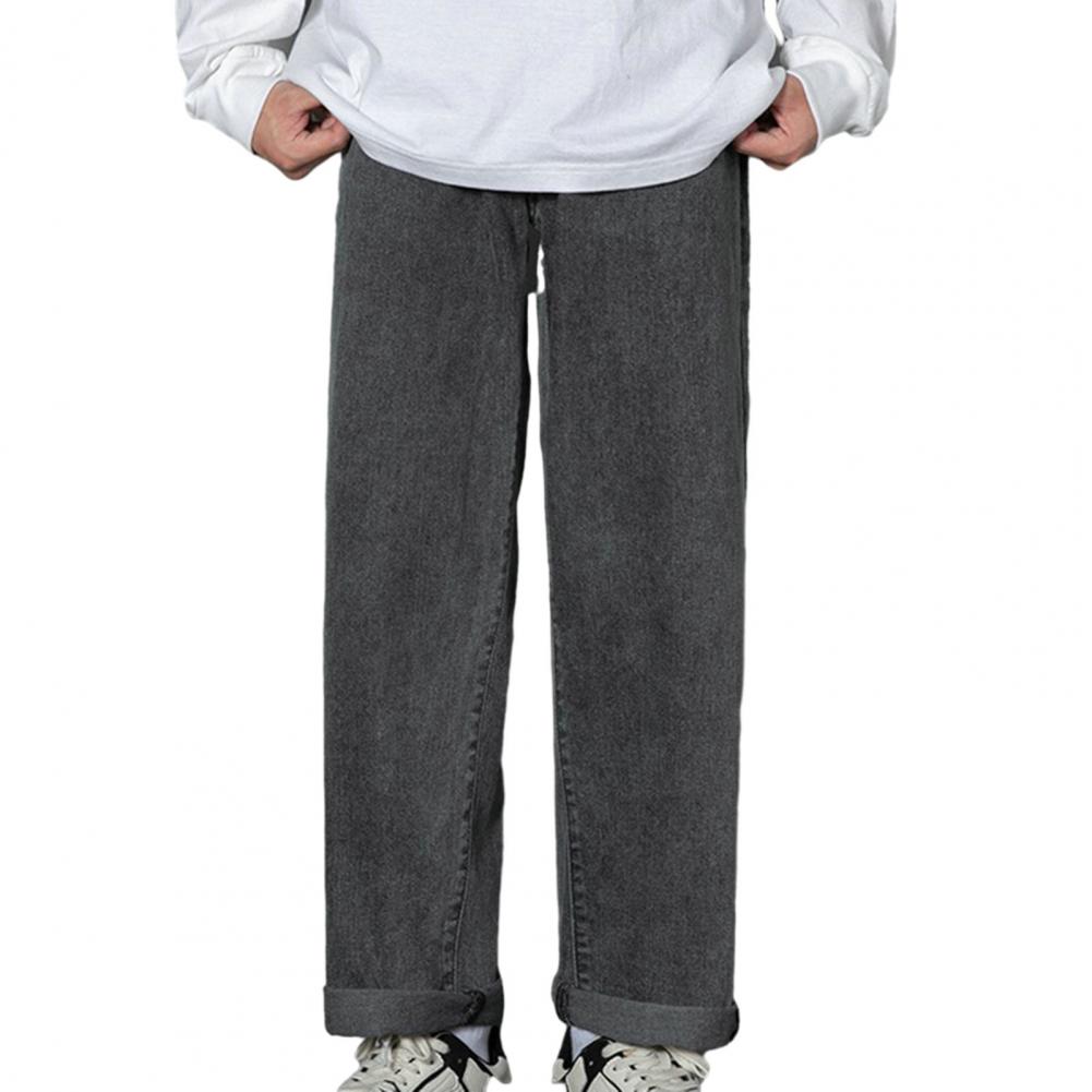 Men Pants Straight Wide Leg Loose Deep Crotch Solid Color Retro Soft Breathable Button Zipper Closure Streetwear Men Long Trouse