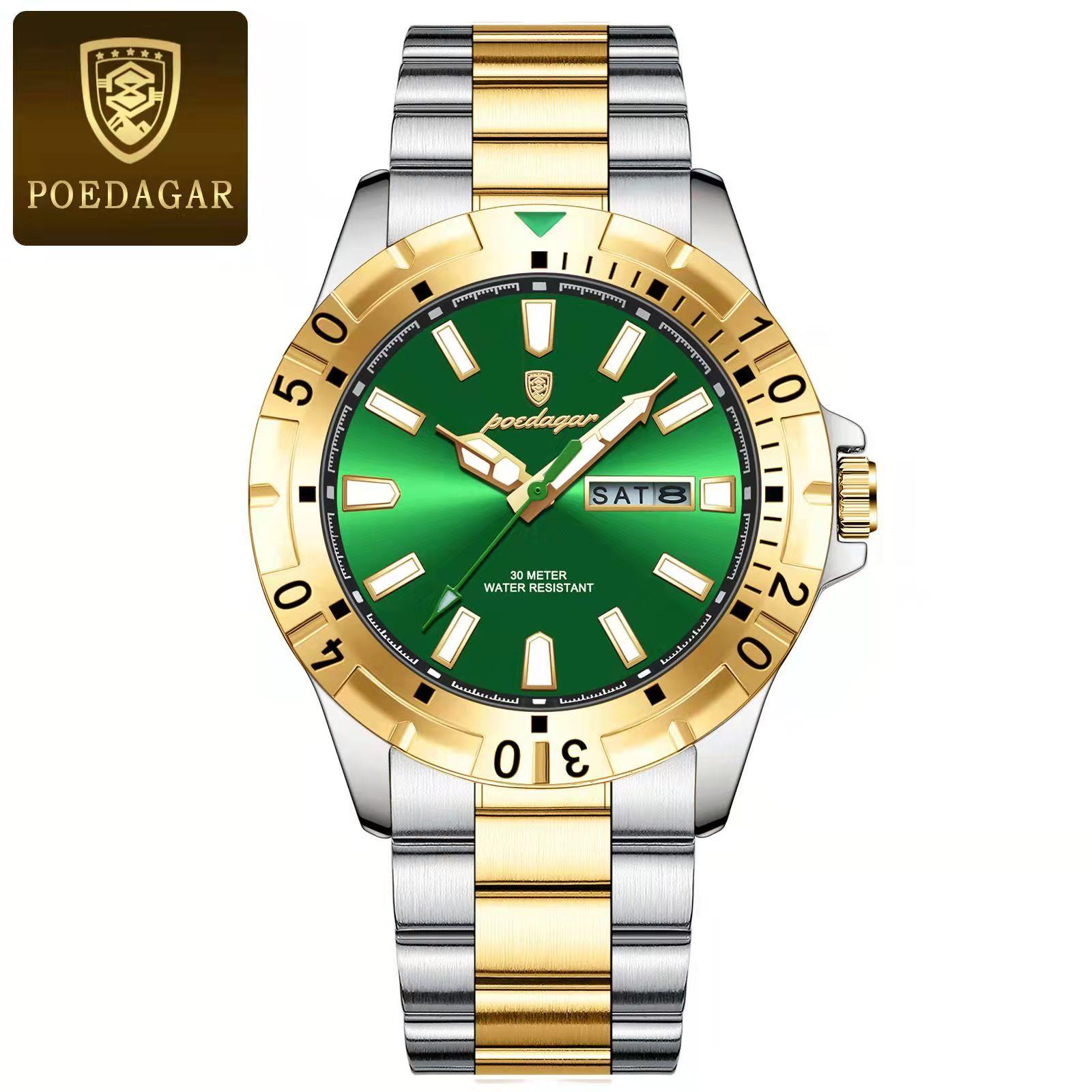 

Мужские часы водонепроницаемые светящиеся дата неделя нержавеющая сталь повседневные кварцевые часы для мужчин золотой/зелёный