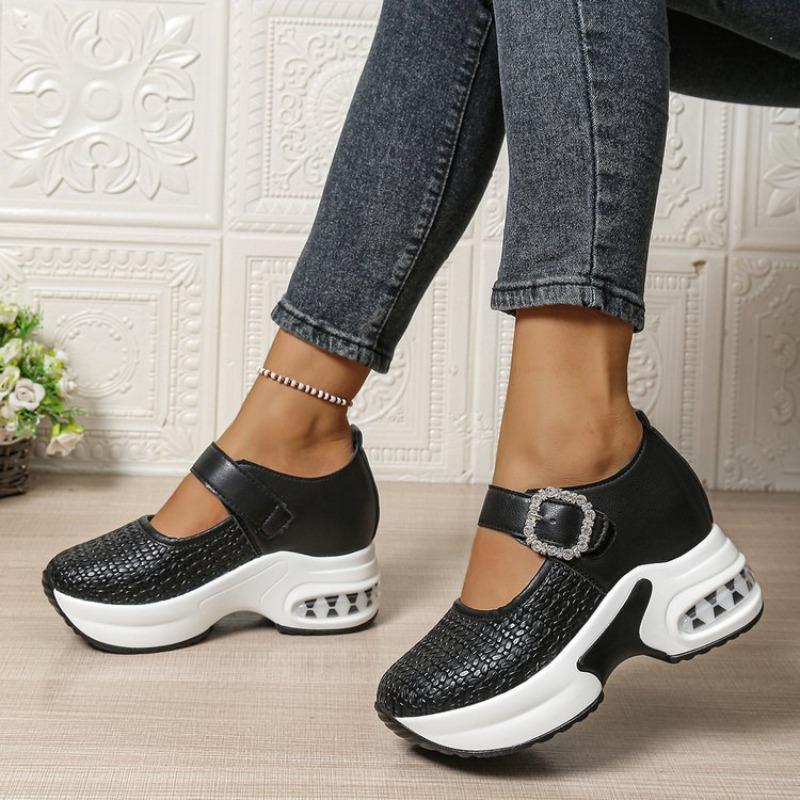 Damen Übergröße Plateau Strassbesatz Slipper Herbst Neu Europäisch Amerikanischer Stil Ein Riemen Schnalle Keilschuhe