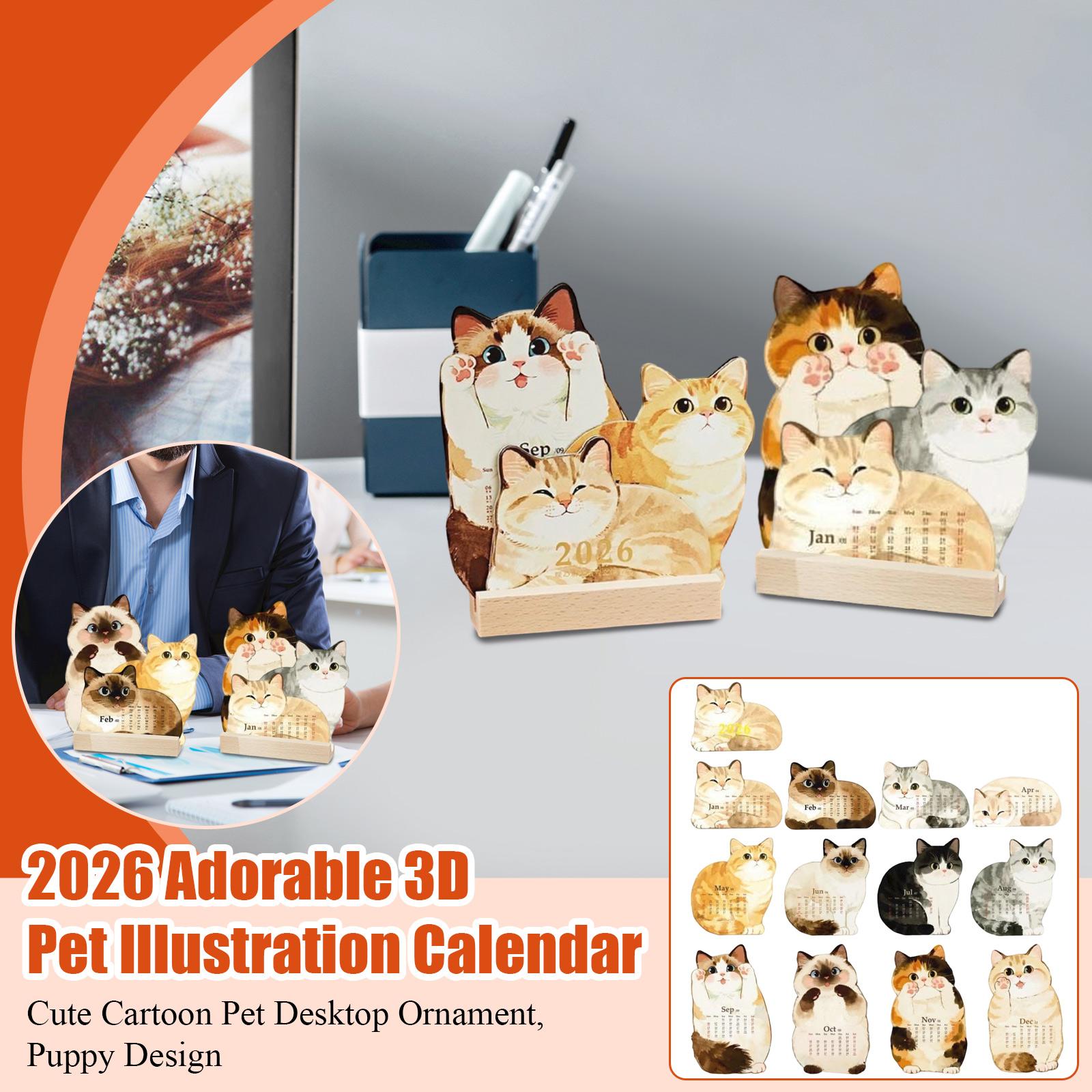 2026 Adorable 3D Pet Illustration Calendar, Cute Cartoon Pet Desktop Ornament One Size
