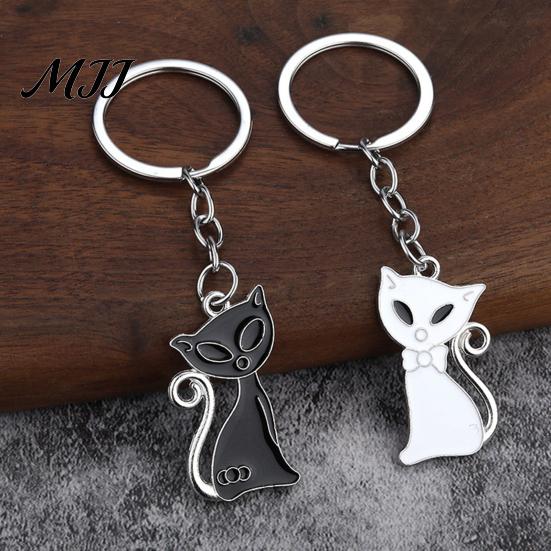 Metal Key Ring 2Pcs Black White Cat Keychain for Backpacks, Oil Dripping Enamel Kitten Ring, Bag Schoolbag Charm Decoration Accessories