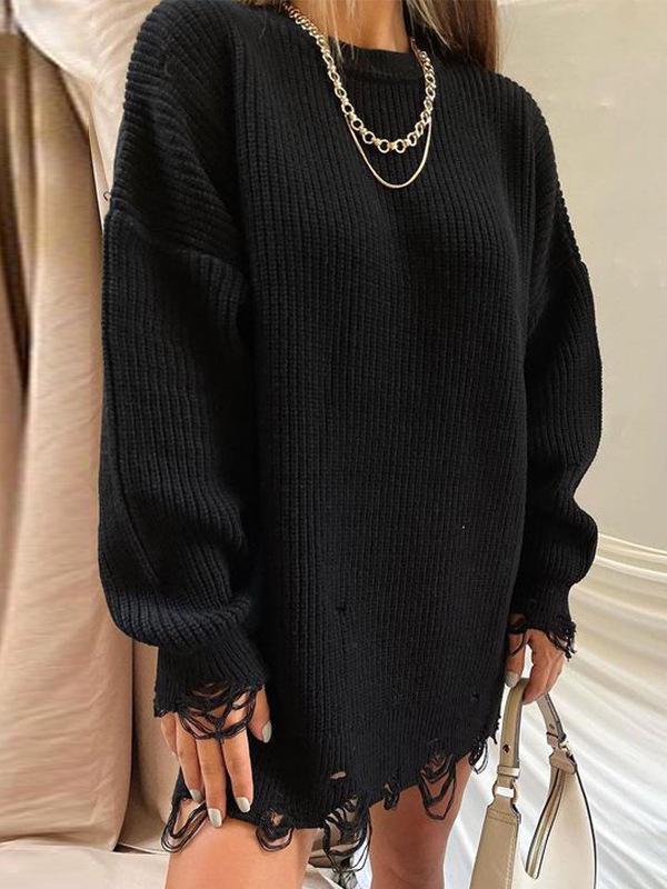 Women's Autumn/Winter Solid Color Ripped Knit Sweater Dress - Round Neck, Long Sleeve, Mid-Length Pullover
