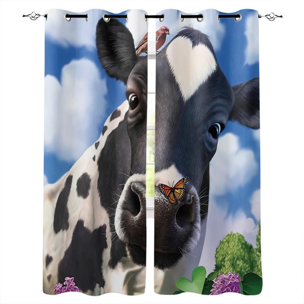 Animal Cow Color Oil Painting Window Curtains Bedroom Kitchen Drapes Panel Curtains for Living Room Christmas Home Decor