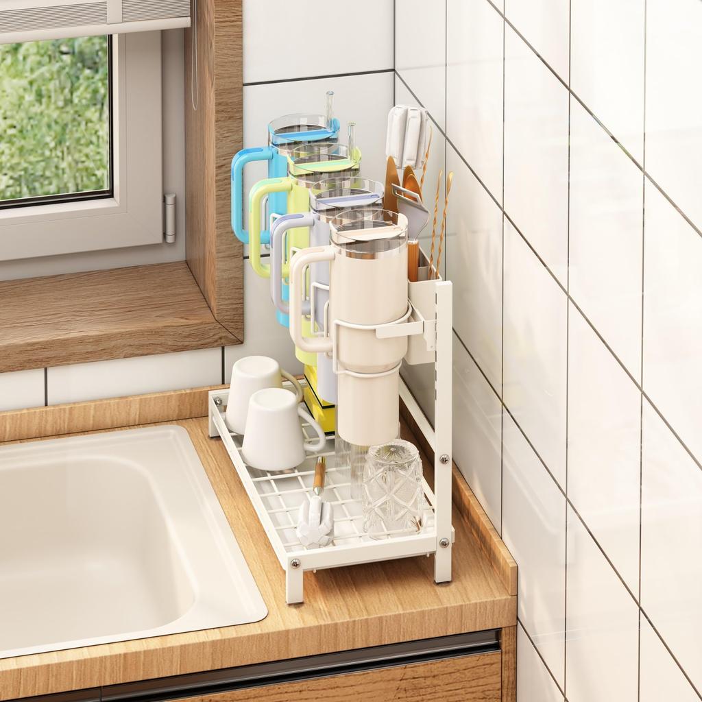 Metal Adjustable Tumbler Drying Rack For Stanley Cup Water Bottle Organizer For Kitchen Countertop White Thermos Holder