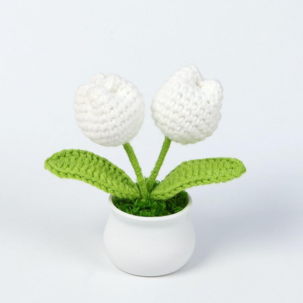 Tulips Crochet Flower Potted Cerative Handmade Knitted Flowers Artificial Flowers Decoration Car Desktop Home Decor