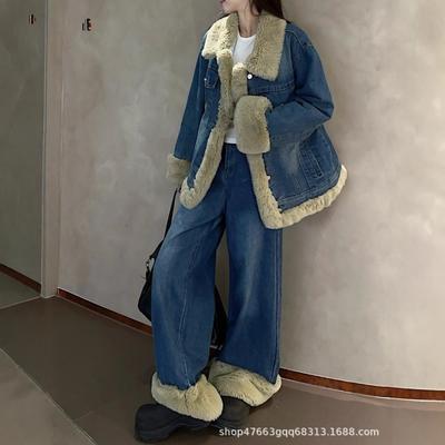 College Style Fluffy Splicing Thickened Denim Suit Women's Winter Korean Loose Casual Denim Jacket Straight Pants