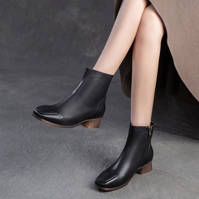 Johnature Square Toe Thick Heel Boots Versatile Genuine Leather Short Boots Commuting Women's Shoes