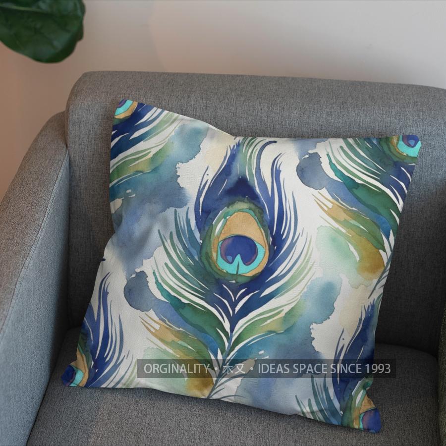 

2D Peacock Feather Watercolor Pattern Throw Pillows Pattern Cushion Cover Suitable for Sofa Bedroom Car Pillow Cover 40x40cm