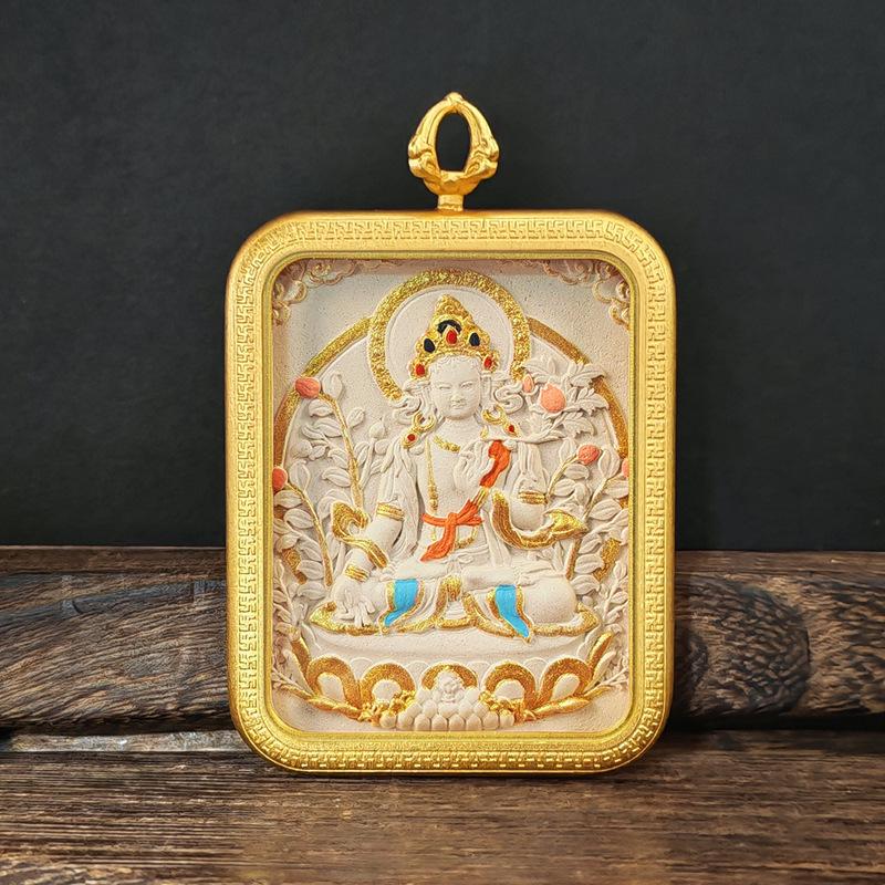 Tibetisches Grünes Tara & Gelbes Jambhala Amulett: Titanstahl Medizin Buddha Anhänger