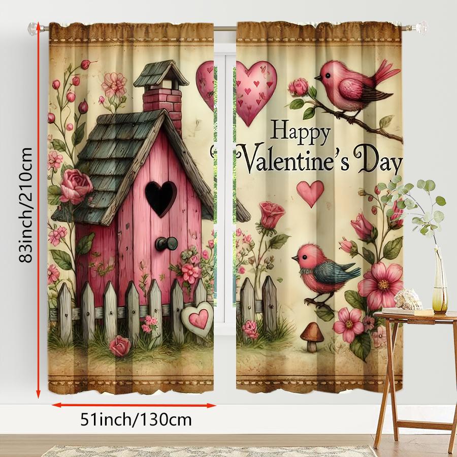 2PCS Retro Love Hut Valentine's Day Curtains   Romantic Style   Bedroom Living Room   Drawbar Pocket Decorative Curtains